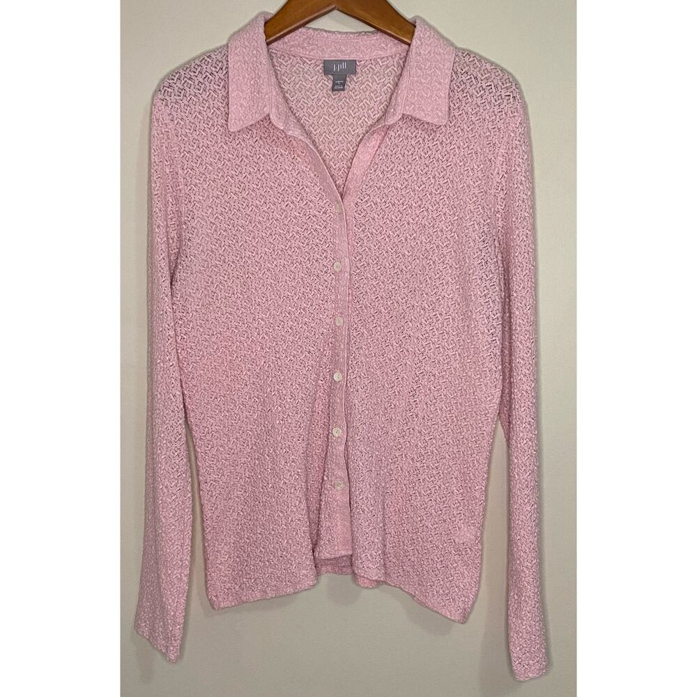 J. Jill Stretch Lace Top Pink Womens Size Large Sheer Button Front Cotton Blend